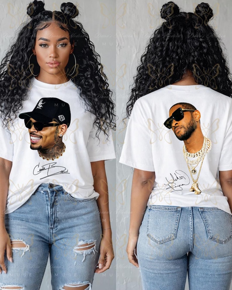 May include: A white short-sleeve t-shirt featuring a graphic print of a man wearing a black cap and sunglasses on the front, and a different man wearing sunglasses and layered gold chains on the back, both with a signature printed below.
