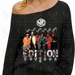 May include: Black long-sleeve sweatshirt featuring a graphic of the music group New Edition. The image includes the group members, album titles, and the text "NEW EDITION". The sweatshirt has a crew neck.