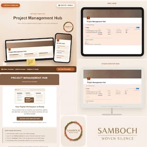 Op de afbeelding: Een digitaal Notion-sjabloon genaamd Project Management Hub met een beige en bruin kleurenschema. De lay-out toont verschillende weergaven, waaronder desktop-, mobiele en iPad-interfaces, met takenlijsten en projectbeheerfuncties.