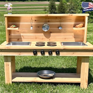 Mud Kitchen with Backsplash | Kid's Outdoor Sensory and Water Table |  Backyard Play Kitchen | Wooden Toys | Montessori Kid | Working Faucet