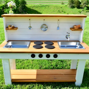 Painted Mud Kitchen with WORKING FAUCET | Children's Outdoor Sensory Bin | Wooden Toys | Backyard Play Kitchen | Montessori Kids Water Table