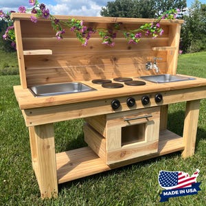 Mud Kitchen with Oven & Backsplash | Children's Outdoor Sensory and Water Table | Backyard Play Kitchen | Montessori Kid | Working Faucet