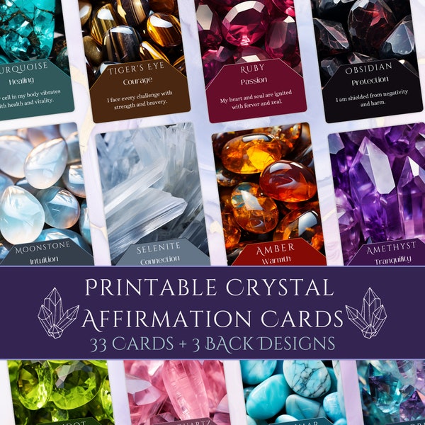 Printable Crystal Affirmation Card Deck | Digital Download | 33 Unique Crystal Cards | Self-Care & Oracle Companion