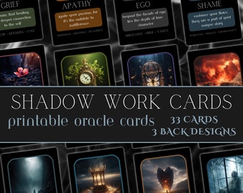 Peut inclure: Un ensemble de 33 cartes oracle imprimables de travail de l'ombre avec diverses illustrations thématiques et des étiquettes de texte comme Grief, Apathy, Ego, Shame, Fear, Pride, Numbness et Isolation. Les cartes sont disposées en grille.