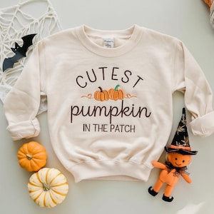 May include: Cream-coloured sweatshirt with the embroidered text "Cutest Pumpkin in the Patch" and pumpkin graphics. The image includes decorative pumpkins, a bat, and a doll wearing a witch hat.