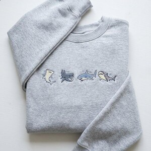 Embroidered Shark Sweatshirt, Hammerhead Marine Life Crewneck, Ocean Lover Pullover, White Tiger Shark Crewneck image 3