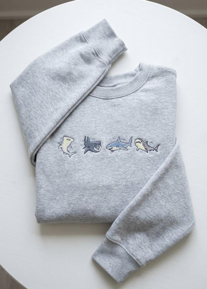 Embroidered Shark Sweatshirt, Hammerhead Marine Life Crewneck, Ocean Lover Pullover, White Tiger Shark Crewneck image 3
