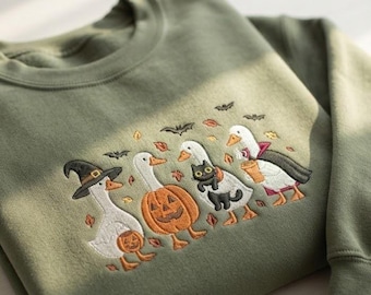 Embroidered Halloween Goose Crewneck, Spooky Goose Shirt, Ghost Goose Shirt, Cozy Season Embroidered Sweatshirt, Autumn Pumpkin Shirt