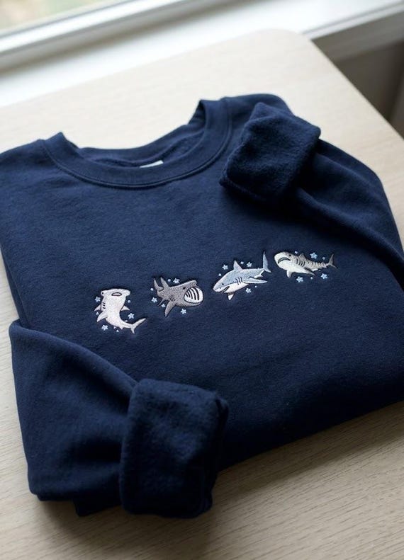 Embroidered Shark Sweatshirt, Hammerhead Marine Life Crewneck, Ocean Lover Pullover, White Tiger Shark Crewneck