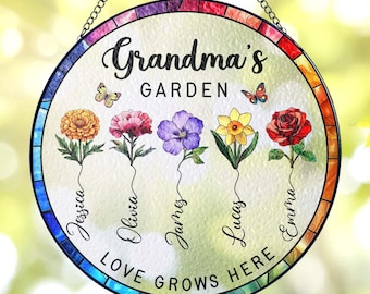 Grandma's Garden Stained Glass Suncatcher, Personalized Birth Flower Flowers Stained  Suncatcher, Mothers Day Gifts for Grandma, Nana Gift