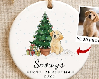 Personalised Pet Watercolor Photo Ornament,Custom Dog's First Christmas 2025 Ornament,Puppy's 1st Xmas Tree Decoration,Pet Portrait Ornament