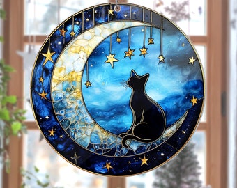 Black Cat on Moon Acrylic Sun Catcher For Cat Moms, Home Decor Window Hangings Art, Cat Owner Gift, Moon and Stained Glass Decoration