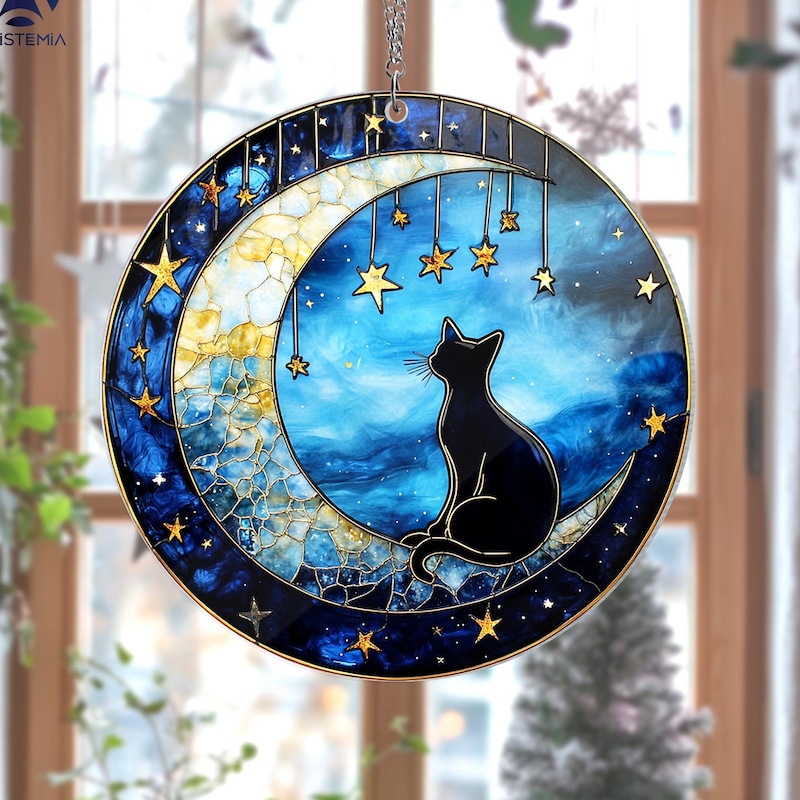 🐈BUY 2 FREE SHIPPING🐈Black Cat on Moon Acrylic Sun Catcher For Cat Moms, Home Decor Window Hangings Art, Cat Owner Gift, Moon and Stained Glass Decoration
