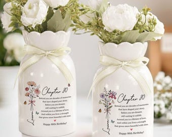 Personalized Floral 80th Birthday Flower Vase, Retro Floral Chapter Eighty Vase,70th 80th Birthday,Gift For 80 Year Old, Custom Birth Flower