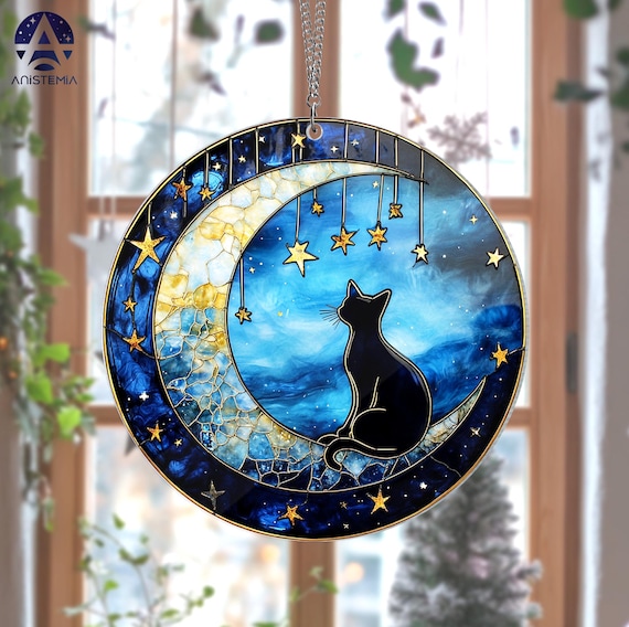 2 Pendeloques Chat Et Lune En Acrylique - Attrape-Soleil Multicolore - Déco Fenêtre, Chambre