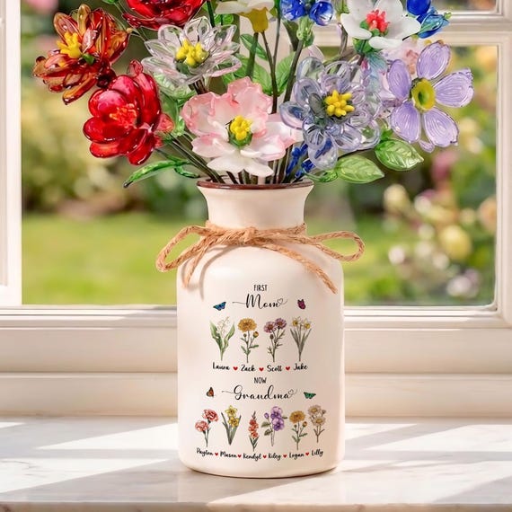 Personalized Glass Birth Flower Bouquet Vase, Crafted Glass Flower, Birthday Gift, Mothers Day Gift For Mom, Grandma Garden Flower Vase