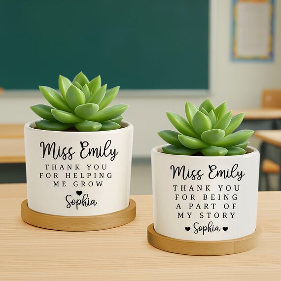 Sukkulenten-Blumentopf Als Dankeschön-Geschenk Für Lehrer – Weißer Keramiktopf Mit Holztablett & Spruch