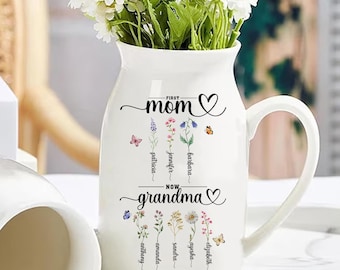 Personalized Birth Flower Flower Vase, First Mom Now Grandma Gift, Grandmas Garden Flower Vase, Grandma Gift from Grandkid, Mothers Day Gift