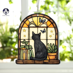 Black Cat And Book Suncatcher Ornament, Ghost Reading Book Suncatcher, Book Window Decor, Ghost and Plants, Cat Lover Gift, Book Lover Gift