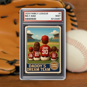 Targa in acrilico personalizzata con numero 1 del baseball retrò, raffigurante papà e bambini seduti, stile carta da collezione, regalo per la festa del papà per papà e marito.