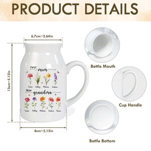 Pu&ograve; includere: Tazza in ceramica bianca con manico curvo, con disegni floreali e le parole "First Mom Now Grandma". La tazza &egrave; alta circa 13 cm e larga 8 cm, con un'apertura di 6,7 cm.