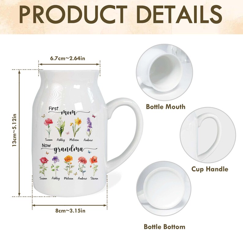 Pu&ograve; includere: Tazza in ceramica bianca con manico curvo, con disegni floreali e le parole "First Mom Now Grandma". La tazza &egrave; alta circa 13 cm e larga 8 cm, con un'apertura di 6,7 cm.
