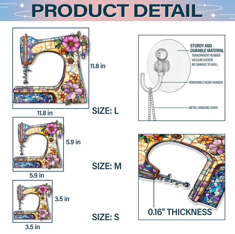 May include: Decorative sewing machine-shaped wall art in three sizes: Large (11.8 in), Medium (5.9 in), and Small (3.5 in). The art features a stained-glass design with floral accents. Includes a suction cup hook with a metal hanging chain.
