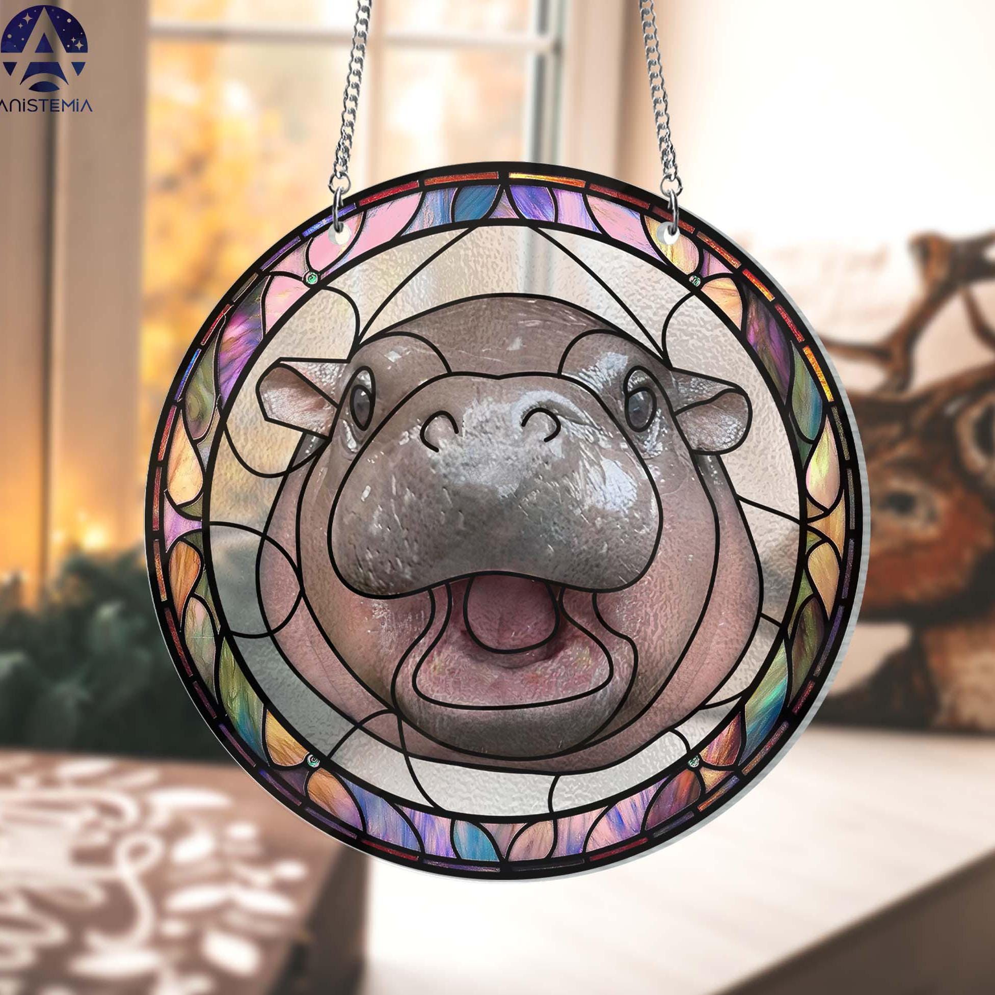Moo Deng Suncatcher Ornament Gift, Trendy Hippo Acrylic Window Hanging, Pygmy Hippo, Moo Deng Hippo Lover, Moo Deng Memes