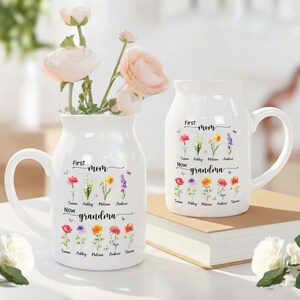 Pu&ograve; includere: Due tazze in ceramica bianca con manici, una piena di fiori. Ogni tazza ha le parole "First Mom Now Grandma" e illustrazioni floreali. I nomi sono stampati sotto i fiori. Le tazze sono su una superficie chiara.