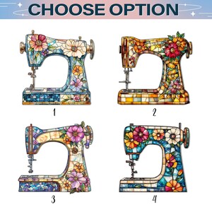 May include: Four colorful sewing machine illustrations with floral designs. Each machine is a different color, including blue, orange, and purple, and features a variety of flowers. The text "CHOOSE OPTION" is at the top.