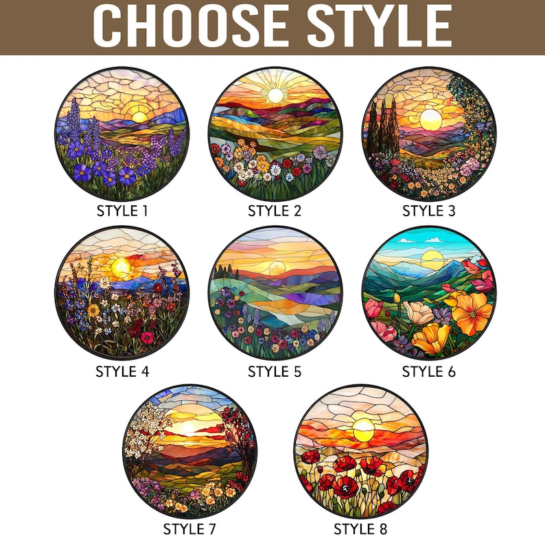Pode incluir: Oito pain&eacute;is circulares de vitrais rotulados de STYLE 1 a STYLE 8, cada um apresentando uma paisagem com sol, colinas e v&aacute;rias flores coloridas, renderizados em um padr&atilde;o de mosaico de vidro segmentado e multicolorido.