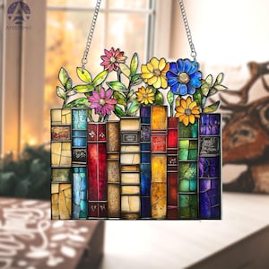 Book Lover Acrylic Window Decor, Flower Book Window Hanging, Book Lover Gift, Book Club Gift, Bookish Book Reader Gifts, Book Club Ornament