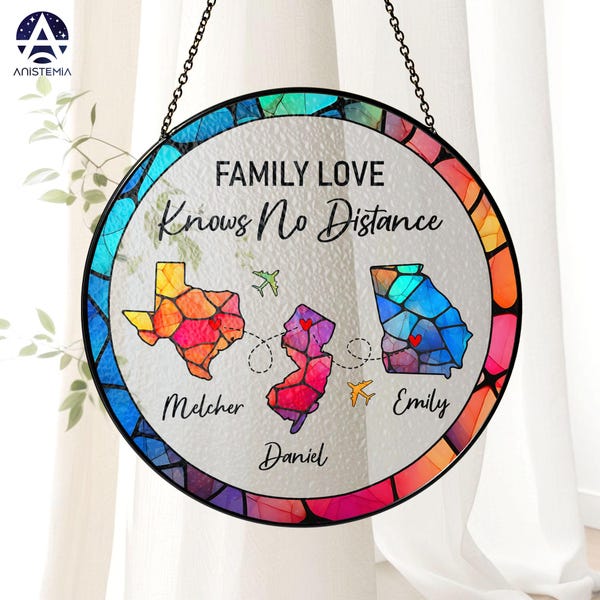 Family Long Distance Gift, Miles Apart Ornament Stained Glass Suncatcher, Family Love Knows No Distance Ornament, State to State Ornament