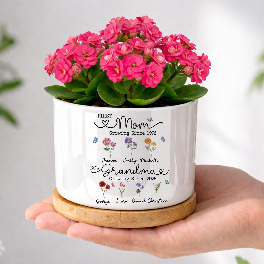 Custom First Mom Now Grandma Ceramic Flower Pot, Birth Month Flower Pot ...