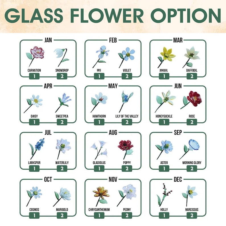 以下が含まれることがあります： 「GLASS FLOWER OPTION」と題されたチャートには、12か月が示され、各月に2つの花のオプションがあります。各花には名前と番号が付けられています。花は水彩画風に描かれており、さまざまな色があります。