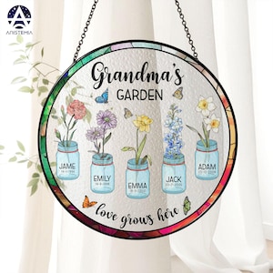 Grandma&#39;s Garden Suncatcher, Personalized Birth Flower Window Hanging Suncatcher, Nana Birth Month Flower Gift,Mothers Day Gifts for Grandma