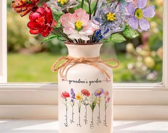 Personalized Vase With Glass Birth Month Flower, Grandma Garden Gift, Mother's Day Gift, Crafted Glass Flower for Mom, Grandma Birthday Gift