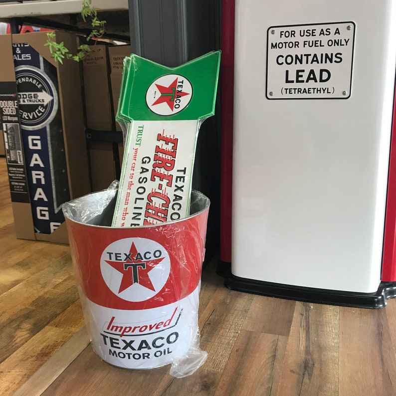 Texaco Gas Metal Trash Bin Small Garage Garbage Can Housewarming Gifts