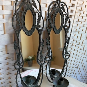 Pair of Vintage Ornate Metal Wall Sconces with Oval Mirrors & Dual Candle Holders with Drip Plates