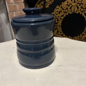 FRANKOMA POTTERY 26C 6” Canister Cookie Coffee Jar Stacked Ring Ribbed Shape Biscuit Deep Dark Blue High Gloss Medium Size