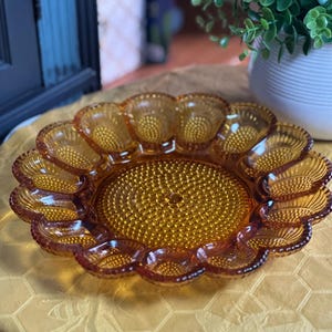 Vintage MCM Indiana Glass Hobnail Amber Deviled Egg Serving Plate