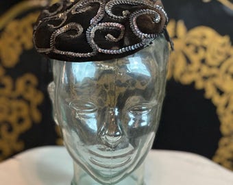 Vintage Black Velour Pancake Hat Shimmery Sequin Swirl Design