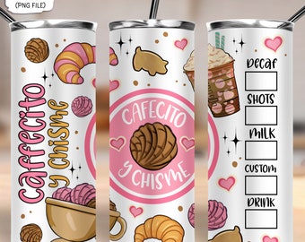 Cafecito y chisme con leopardo bicchiere skinny da 20 once png, bicchiere western png, bicchiere per tazze di caffè, download del design sublimato di Pan Dulce del Messico