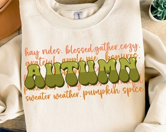 May include: A beige sweatshirt with the words "hay rides, blessed, gather, cozy, grateful, apple pie, bonfires, AUTUMN, pancakes, foggy, sweater weather, pumpkin spice" printed in orange and green.