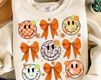 Fall coquette bow smiley face png sublimation design download, hello fall png, fall png, sublimate designs download