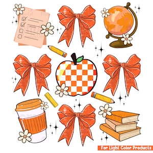 May include: A set of orange and white school-themed clipart images. The set includes a checkered apple, a globe, a cup of coffee, a stack of books, and four bows. The text "For Light Color Products" is at the bottom of the image.