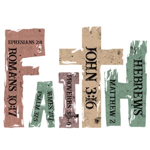 Puede incluir: Un dise&ntilde;o gr&aacute;fico colorido con la palabra "FAITH" escrita en letras grandes. Cada letra es de un color diferente y tiene un vers&iacute;culo b&iacute;blico impreso en ella. Los vers&iacute;culos son: Hebreos, Mateo 2, Juan 3:16, Proverbios 3:5-6, Santiago 2:17, Salmo 37:5, Efesios 2:8 y Romanos 10:17.