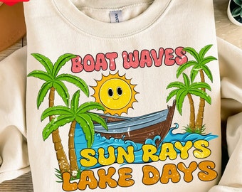 Barco olas rayos de sol días de lago png descarga de diseño de sublimación, lago amor png, hola verano png, vida del lago png, descarga de diseños sublimados