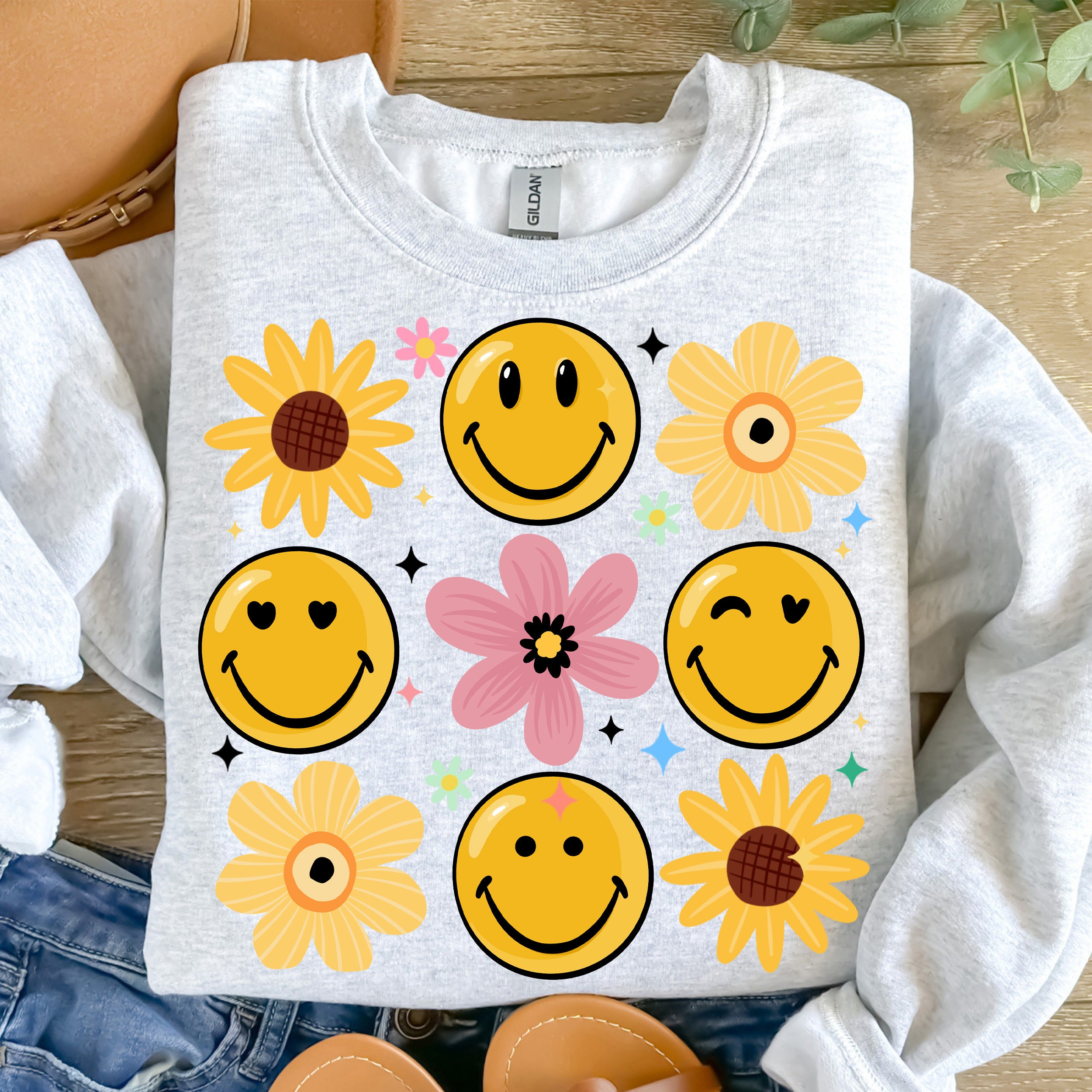 Flowers Spring Smiley Face Png Sublimation Design Download
