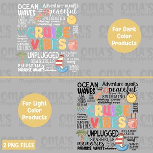 Peut inclure: Deux designs num&eacute;riques pour l'impression par sublimation. Les designs pr&eacute;sentent du texte color&eacute; sur le th&egrave;me de la plage et de l'oc&eacute;an. Le texte comprend "Ocean Waves", "Cruise Vibes", "Unplugged", "Seashells", "Memories", "Paradise Awaits", "Adventure Awaits", "Peaceful", "Swimming", "Making Waves", "Catching Rays", "Life's a Wave", "Seas the Day", "Relaxing", "Sunsets", "Better on a Cruise", "It's Always Happy Hour", "Sunshine", "Tan Lines". Un design est pour les produits de couleur fonc&eacute;e et l'autre est pour les produits de couleur claire.